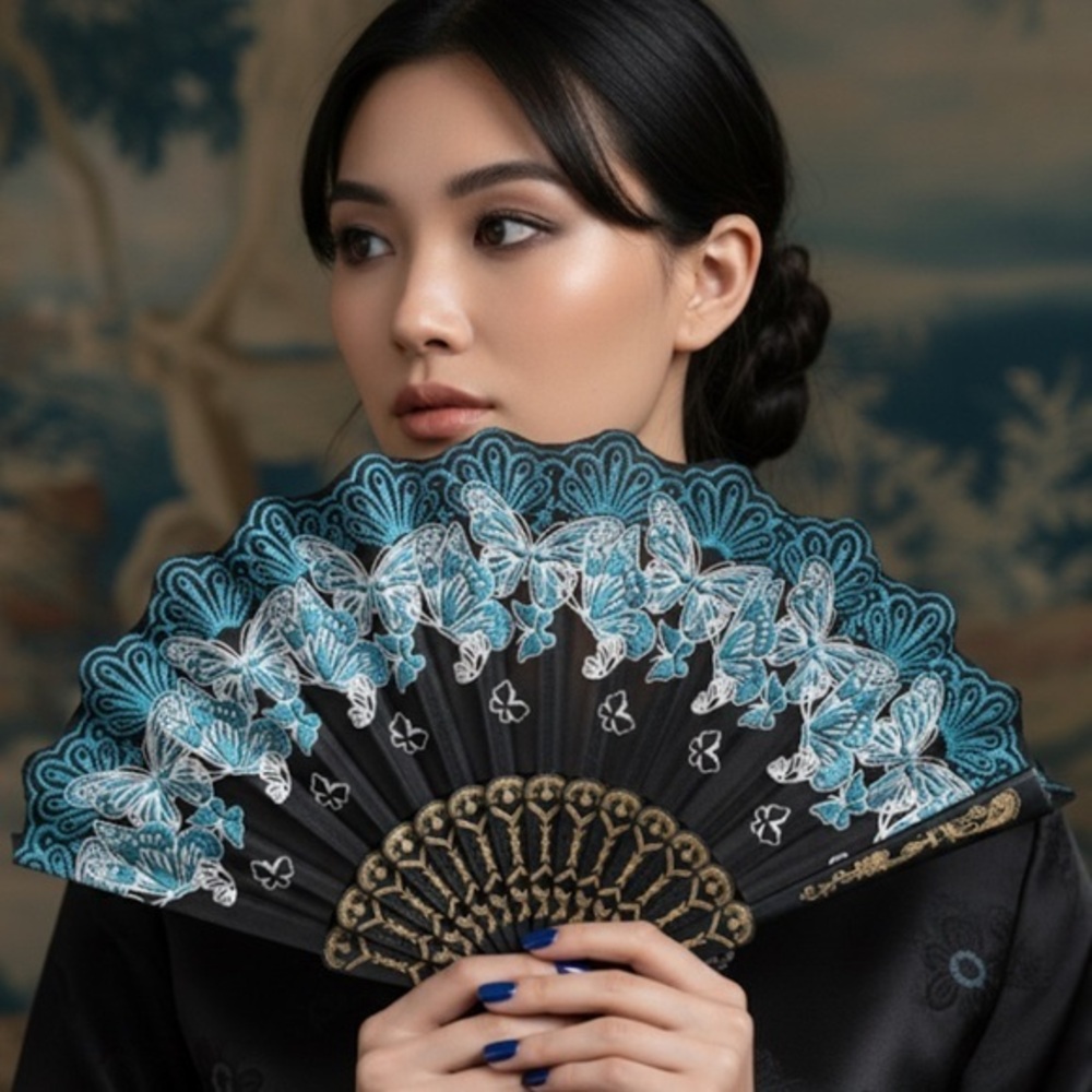 ✨NEW Elegant Black and Teal Hand Fan